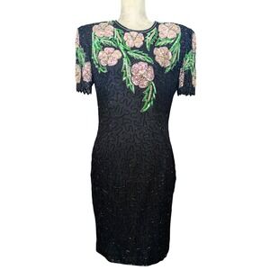 Vintage Laurence Kazar Black Silk Floral Beaded Sequins‎ Open Back Dress Size M